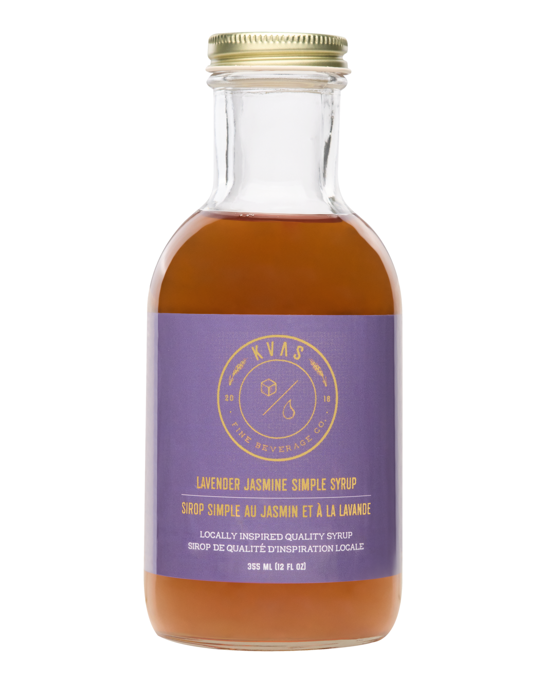 Closeup of Kvas Lavender Jasmine Simple Syrup bottle on transparent background